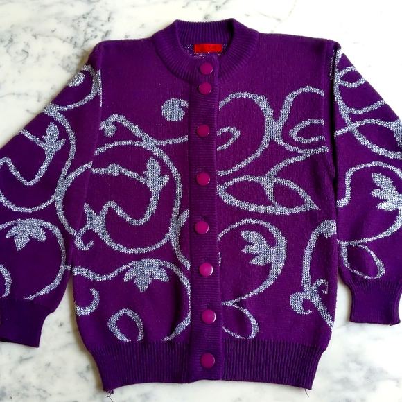 Purple with Silver Knit Design Cardigan Sweater. - Picture 3 of 5